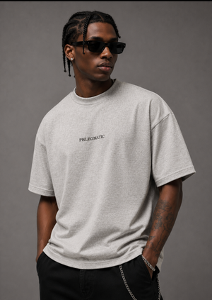 Oversized Grey Tee - Black Embroidery